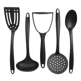 Black 5 Piece Kitchen Utensil Set Nylon Cooking Tools Potato Masher Spoon Ladle