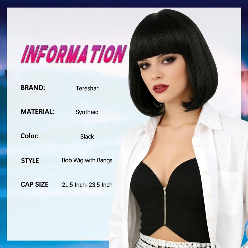 Tereshar Black Bob Wig with Bangs for Women Short Straight
