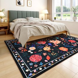 Terrug Floral Large Area Rug for Living Room, 5x7 Black Washable Rug Boho Ultra-Thin Carpet, Soft Non Slip Stain Resistant Vintage Rug for Living Room, Bedroom, Dorm, Dining Room, Office