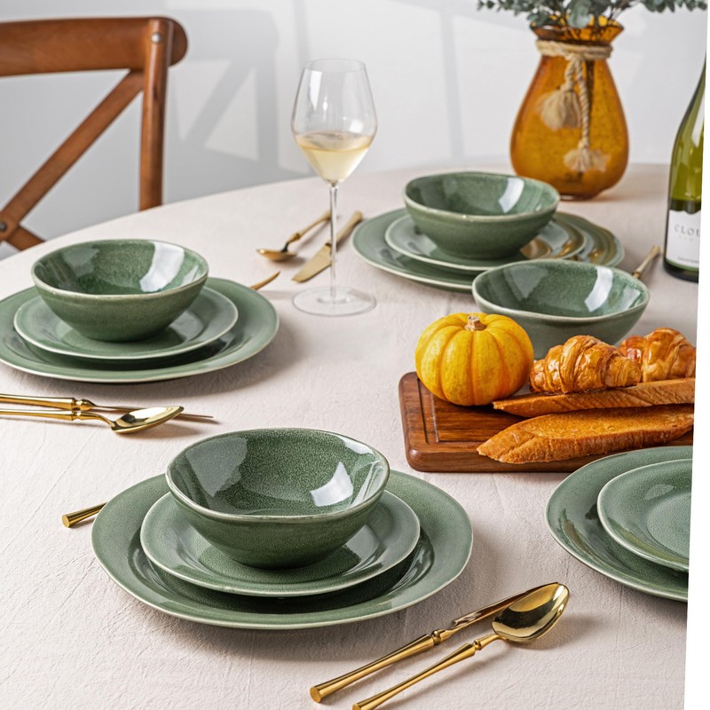 AmorArc Ceramic Dinnerware Sets, Handmade Stoneware Reactive Glaze Plates and