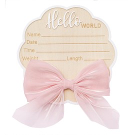 Wonhibo Flower-Shaped Newborn Announcement Sign - Baby Hospital Photo Prop Wooden Name Board Card with Pink Bow, Birth Welcome Hello World for Girls