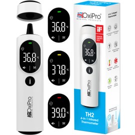 OxiPro TH2 4-in-1 Digital Thermometer with LED Light - Award-Winning Infrared Ear, Forehead, Baby Bath, Bottle & Surface Thermometer - German Sensor - CE Approved - MHRA Registered - NHS Supplier