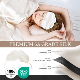 CROUVM 100% Pure Mulberry Silk Sleep Mask, 19 Momme Cloud Shape Blackout Eye Mask for Women, Adjustable Cooling Silk Eye Mask for Sleeping, Gifts for Her/Mom, Adults Blindfold, Black