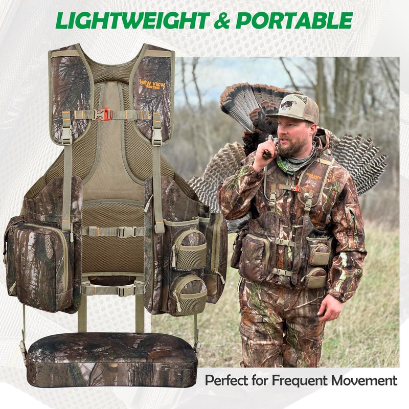 NEW VIEW Turkey Vest with Seat, Adjustable Comfortable Turkey Hunting
