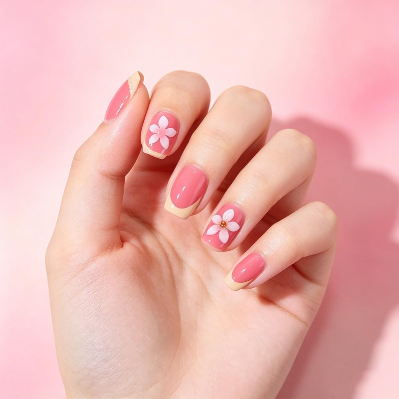 Flower Press on Nails with 3D Design Glossy Yellow French