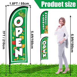 Buryeah 2 Sets 7ft Farmers Market Open Feather Flags Banners for Advertising, Farmers Market Flag with Flagpole Ground Stake Portable Bag for Business (Green)