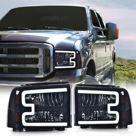 G-PLUS LED Headlights Compatible with Ford F250 F350 F450 F550 Super Duty 2005-2007 DRL BAR Headlamps Smoky Lens Black Housing Amber Reflector,faros delanteros