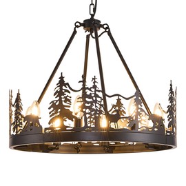 TELAFLY 8-Light Black Wagon Wheel Chandeliers,Farmhouse Deer Country Chandelier Dining Room Light Fixtures,Round Industrial Vintage Kitchen Island Pendant Light for Living Room Entryway Foyer 30"