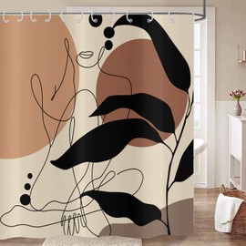 Shower Curtain Abstract Woman 180 x 200 cm, Hnmdmyi Boho Mid Century Black Leaves Minimalist Lines Shapes Modern Aesthetic Art Bath Curtain Waterproof Polyester Fabric Washable Bath Curtain