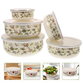 BESTonZON Enamel Bowls with Lids Mixing Bowls 5pcs Vintage Soup Bowls Retro Enamel Basin for Fruit Salad Pasta Dinner Kitchen 5 Size