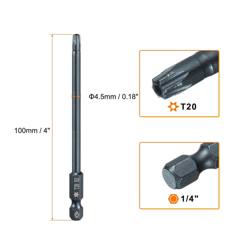 sourcing map T20 Torx Screwdriver Bit 1/4" Hex Shank 4"