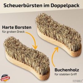 FEINHOLZ® 2er Set Scheuerbürste mit Naturborsten hart • plastikfrei Made in Germany • Teppichbürste, Wurzelbürste, Schrubberbürste, Bürste weich, Putzbürsten, Schrubber Naturborsten, Bürste Reinigung