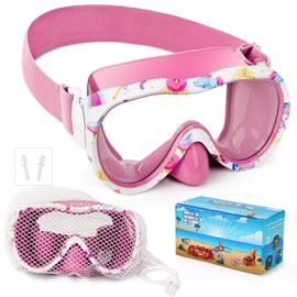 Kids Swim Goggles, Anti-Leak Snork Mask with Nose Cover & Elastic Fabric Strap, UV Protection Swimming Goggles for Kids Boys Girls (Pink-Unicorn 1)