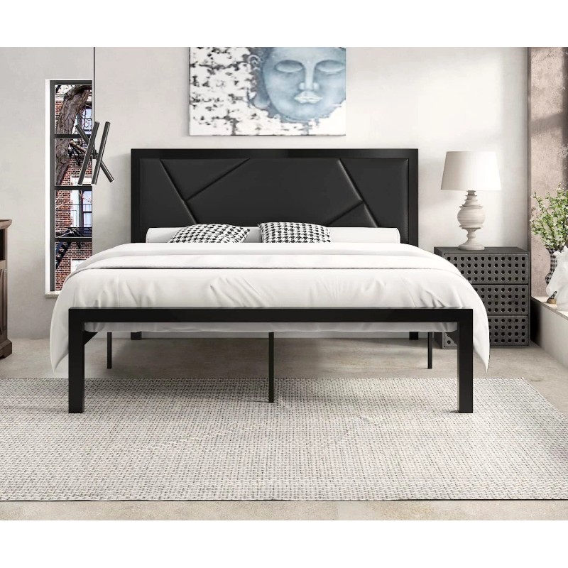 Lov4ever Metal Bed Frame with Geometric Litchi Grain Leather Headboard,