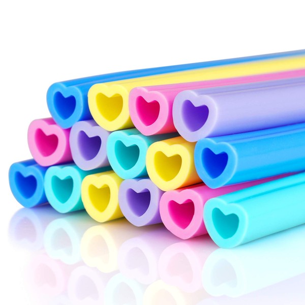 Reusable Silicone Drinking Straws 15 Pack, Heart Shaped Straws with 2pcs CLeaner Brushes for Smoothies Tumblers Cocktail MilkShake, DishWasher Safe