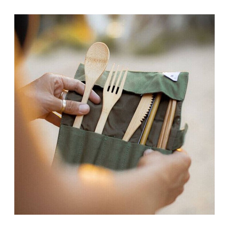 Green + Kind Bamboo Cutlery Roll-Up Set - Olive, 1