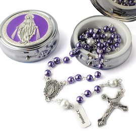 HanlinCC 6mm Glass Pearl Beads with 8mm Our Father Beads with Caps Rosary Necklace Pack in Miraculous Metal Gift Box (Purple Rosary with Miraculous Gift Box)