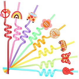 24 Pcs Hippie Boho Themed Silly Straws, 8 Colors Groovy Party Favors Reusable Plastic Crazy Straws for Hippie Themed Parties, Retro Music Festivals, Psychedelic Weddings, With 2 Cleaning Brushes