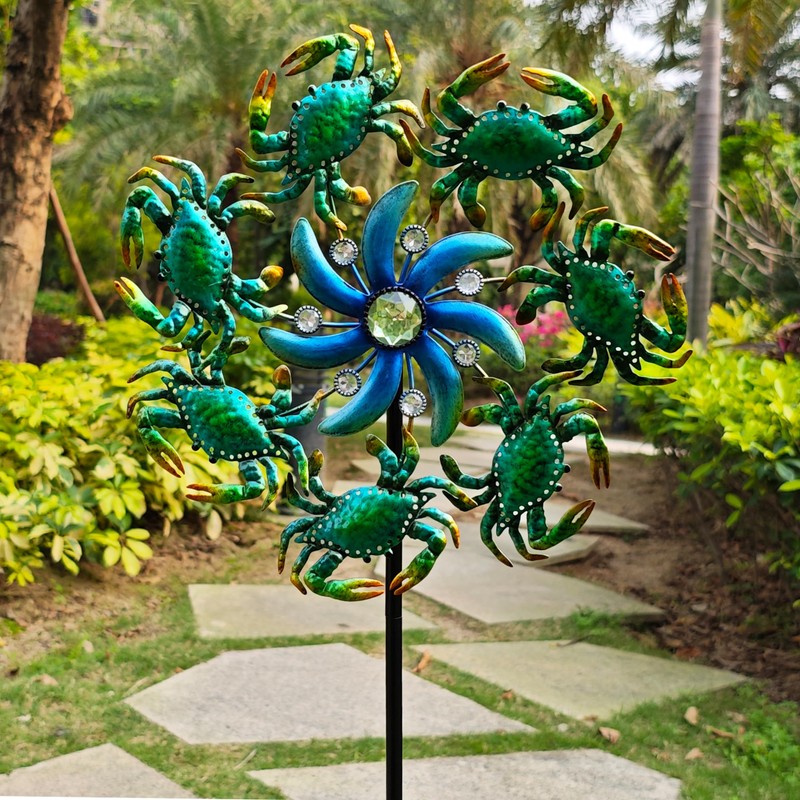 39" Crab Wind Spinners Metal Windmill Garden Stake,Ocean Theme Outdoor