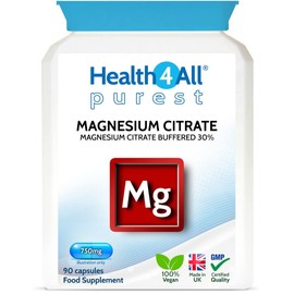 Health4All Magnesium Citrate 750mg 90 Capsules (V) (225mg Elemental Magnesium) Purest: no additives. Vegan.