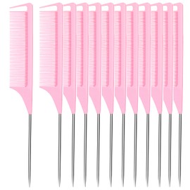 Rat Tail Combs 12 PCS, Parting Combs for Braiding Hair Carbon fiber heat-resistant anti-static,for Sectioning, Parting, Styling Hair (Pink)