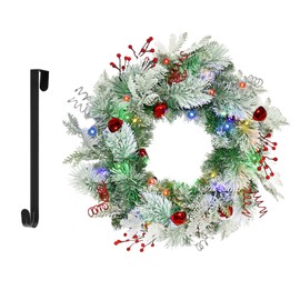 Christmas Wreath for Front Door 24inch - Pre-Lit Artificial Christmas Wreath, Lighted Christmas Wreaths Battery Operated, with Bells and Wreath Hanger, for Front Door Wall Windows Xmas Decoration