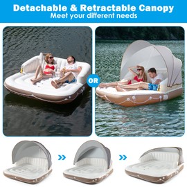 GYMAX Lake Floats, 2-3 Person 441lbs Big Floating Island with UPF50 Canopy, Built-in Cup Holder & Grabbing Ropes, Indoor, Poolside, River, Beach Lounge Raft, Inflatable Water Floats for Adults