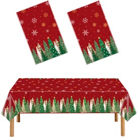 EUVBOKW 2 Pack Christmas Tablecloths, Plastic Xmas Table Cover 54 x 108 Inch Rectangular Christmas Tree Tablecloth for Party Supplies Decorations