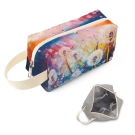 SuoSycorax Colorful Dandelion Printed Quilted Makeup Pouch for Women - Velvety Polyester Cosmetic Organizer w/Triple Compartments, Travel & Makeup Brush Holder