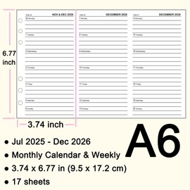 A6 Weekly & Monthly Planner Refills for Jul 2025 – Dec 2026, Foldable Design with 6-Ring Binder, Planner Inserts for Planning & Organization, 6-Hole Punched