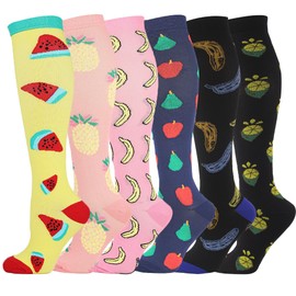 IMAGERIO 6 Pairs Compression Socks for Women and Men Circulation, 20-30 mmhg Knee High Best Support for Athletic Running, Cycling, Hiking, Medical, Nurse, Recovery -Fruit Style (L)