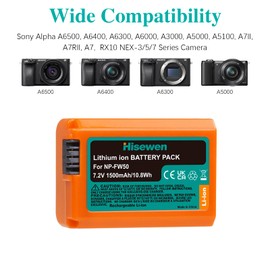 Hisewen NP-FW50 Battery 2-Pack and Charger Compatible with Sony A6000 A6300 A6400 A6500 A7 A7II A7RII A7SII A7S A7S2 A7R A7R2 A5100 A5000 RX10 RX10II III Cameras