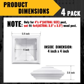 VIVIDA 4" x 4" Vinyl Fence Post Cap (Actual 4" x 4"), New England Post Cap, PVC Pyramid Square Top Cover, for Vinyl Fences, Mailboxes & Decks, White, 4 Pack