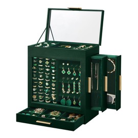 SONGMICS Jewelry Box with Glass Window, 5-Layer Jewelry Organizer with 3 Side Drawers, Jewelry Storage, with Big Mirror, Modern, 6.1 x 10.3 x 12.6 Inches, Forest Green and Metallic Gold UJBC162C01