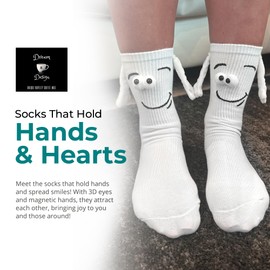 Bliss Design Magnetic Holding Hands Socks with 3D Eyes - Funny Crazy Gag Gift Idea Goofy Silly Socks Couple Buddy Friendship Socks Gift for Couples Women Men One Size Fits All Slipper Socks White