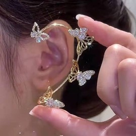 Kenjudess Vintage Crystal Butterfly Flower Ear Cuffs 2pcs Non-Pierced Sparkling Iced Out Rhinestone Butterfly Cartilage Climber Ear Wrap Prom Party Festival Ear Jewelry for Women (Gold Butterfly)
