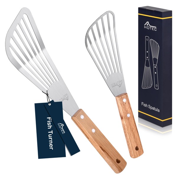 HOTEC HOTEC Stainless Steel Thin Slotted Fish Turner Spatula, Wooden