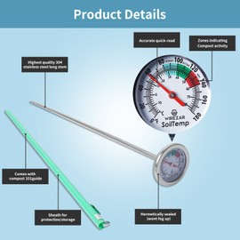 Stainless Steel Soil Compost Thermometer, 16 Inch Soil Thermometer for Gardening, Waterproof Soil Temperature Thermometer for Compost, Stainless Steel