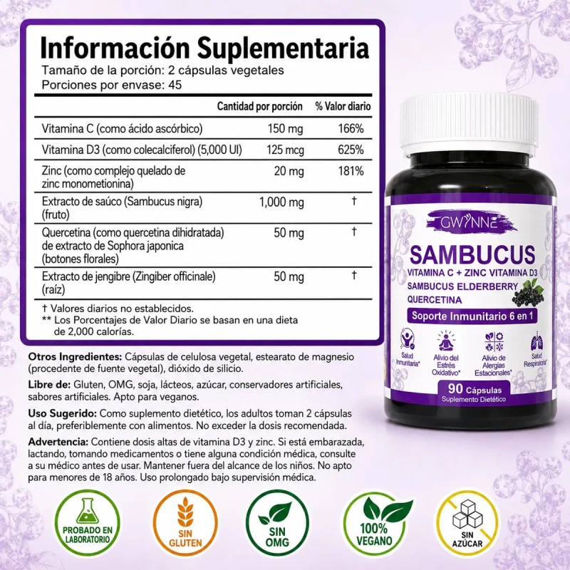 Gwynne Sambucus Suplemento Extracto Sauco 1000mg Vitamina Zinc Quercetina Soporte