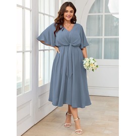 SCOMCHIC Women Plus Size Midi Dresses Wedding Guest Short Sleeve V Neck Tie Waist Casual Summer Flowy A Line Dress Grayish Blue