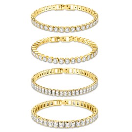 Dochais Set of 4 Women's Tennis Bracelets, Gold Silver, Diamond Bracelet, Cubic Zirconia, Glitter Bracelet, Women's Rhinestone Bracelet for Women, Girls, Wife, Mother, Jewellery, Gift, 17.5 cm, 19 cm,