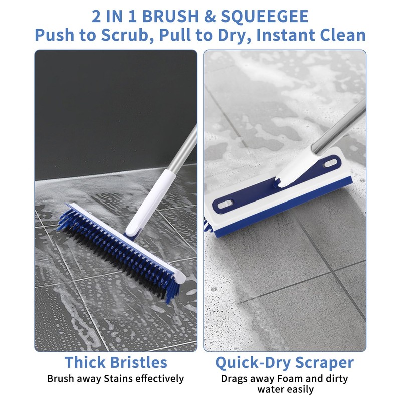 Scrubber with Handle, 2-in-1 Floor Scrubber with Water Pusher &