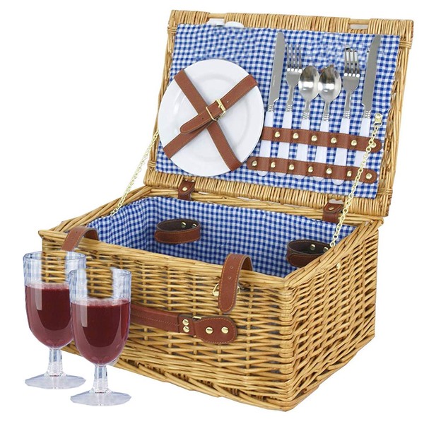 BARGAINS-GALORE NEW 2 PERSON HAMPER BASKET WICKER FAMILY PICNIC HOLDER FOOD CUTLERY SET GLASSES | COMPLETE PICNIC ACCESSORIES FOR CAMPING AND OUTDOOR PARTY