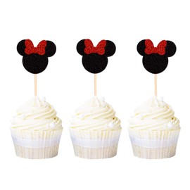 Ercadio Minnie Mouse Inspired Cupcake Toppers with Red Bow Black Glitter Mini Cupcake Picks Decorations for Baby Shower Kids Girls Birthday Party Supplies 24 PCS
