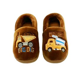 Kids Toddler Boys Excavator Slippers Truck Winter Warm Anti-Slip Indoor Home Shoes (Khaki, 12-13 Little Kid, numeric_12)