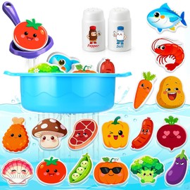 Bath Soup Pot & Float Foam Food,Baby Bath Toys for 1 2 3 4 5 Year Old Toddler Kids,Mould Free Bath Toys Swimming Paddling Pool Toy Water Play Toy for Boy Girl,No Mould Foam Food Stick to Tiles 20PCS