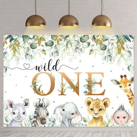 APROPHIC Wild One Backdrop, Jungle Animal First Birthday Banner Photo Backdrop, Green Eucalyptus Leaves Gold Wild One 1st Birthday Banner Party Decoration Supplies 210x150cm