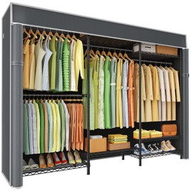 Ulif E13C Heavy Duty Closet Organizer System，Freestanding Clothing Racks for Hanging Clothes，Adjustable Garment Rack 63" W x 16" D x 77" H Hold 960 lbs，Black Clothing Rack with Grey Dustproof Cover