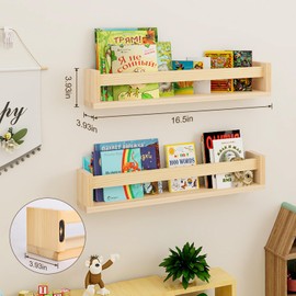 Oirfaxs Floating Nursery Book Shelves for Wall Set of 4, 16.5Inch Wall Bookshelf for Kids Room, Wall Shelves for Bedroom Bathroom Toy and Decor Storage (Natural Wood)