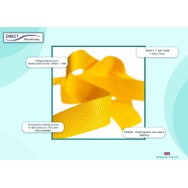 Direct Manufacturing 25mm x 50m Webbing Roll Polypropylene for DIY, Straps, Harnesses, Lashing and more | 970lb / 440kg breaking strain | Made in UK (Yellow)